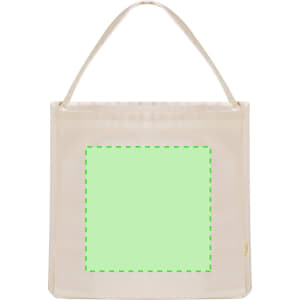 A cream tote bag featuring a blank green square for custom designs. It has two sturdy handles.