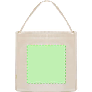 A cream tote bag with a blank green square area for customisation. It features a simple, undecorated design.