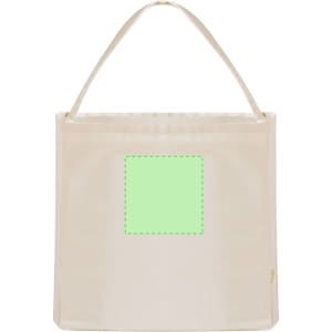 A cream tote bag with a prominent square area in a light green shade. It features a logo on the side.