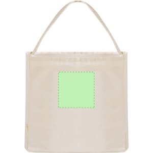 A beige tote bag with a green outlined area in the centre. It features sturdy handles and a simple design.