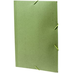 A green folder with elastic fasteners and a textured finish, featuring a logo on the front.