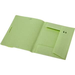 A green Quixar folder with an open design, featuring two pockets and a fold-over flap.