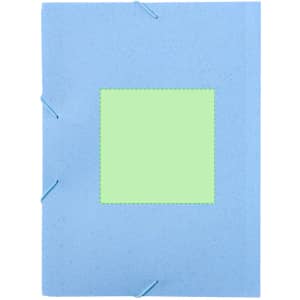 A blue Quixar folder with a square green insert area and blue fasteners, designed for office and business use.