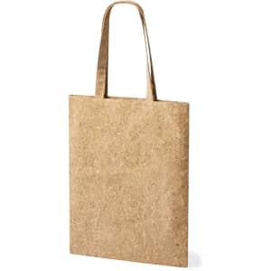 A natural cork tote bag with two handles and a simple design, featuring a logo on one side.