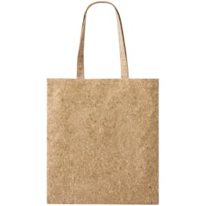 A natural fibre tote bag in a tan colour with two handles and a simple design. It features a logo.