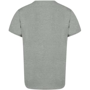 A grey adult T-shirt with short sleeves, featuring a simple design and a logo on the back.