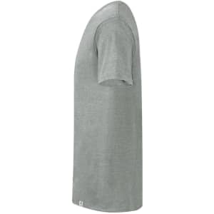 A grey adult T-shirt featuring short sleeves and a logo on the bottom hem.