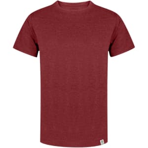 A red adult T-shirt with a crew neck and short sleeves. It features a logo on the side hem.