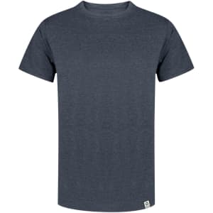 A navy blue adult t-shirt with short sleeves and a logo on the front.