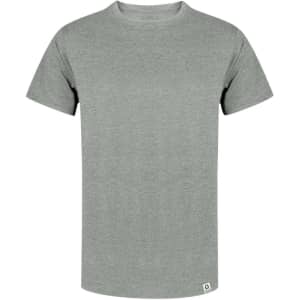 A grey adult T-shirt with a simple design and a small logo on the lower hem.