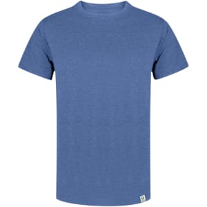 A blue adult T-shirt with a classic crew neck and short sleeves, featuring a small logo at the hem.