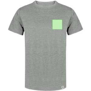 A grey adult T-shirt featuring a small green square design on the chest and a logo at the hem.
