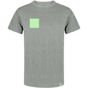 A grey adult T-shirt featuring a small square design on the front and a logo at the hem.