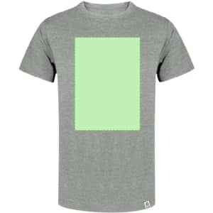 A grey adult T-shirt featuring a large green blank area on the front and a logo at the bottom.