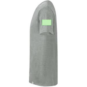 A grey adult T-shirt featuring a blank patch on the sleeve and a logo on the lower side.