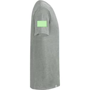 A grey adult T-shirt with a short sleeve and a logo on the arm.
