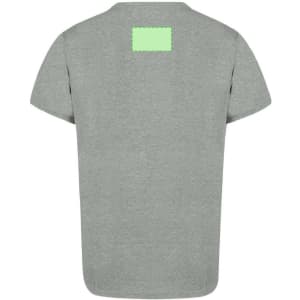 A grey adult T-shirt featuring short sleeves and a blank area on the back for design or branding.