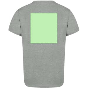 A grey adult T-shirt featuring a blank green square on the back and a logo on the front.