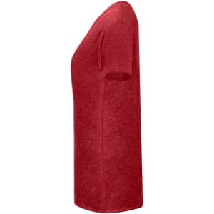 A red women's t-shirt displayed from the side, featuring a simple design and a logo.