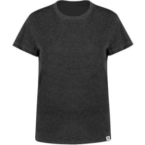 A grey women’s T-shirt with a simple design and a logo at the hem. It features a crew neck and short sleeves.