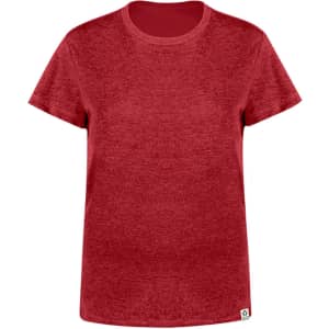 A red women’s t-shirt featuring a round neckline and short sleeves, with a logo on the hem.