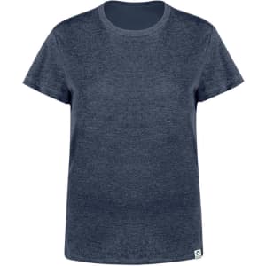 A navy blue women's t-shirt with a round neckline and short sleeves, featuring a logo at the hem.