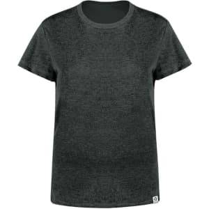 A grey women's T-shirt featuring a classic round neckline and short sleeves, with a logo on the hem.