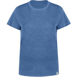 A blue women's t-shirt with a round neck and short sleeves, featuring a logo at the hem.
