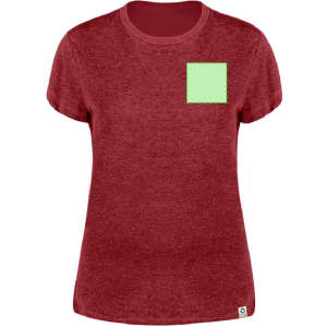 A red women's T-shirt featuring a green square on the front, with a subtle texture design. The shirt has a rounded neckline.