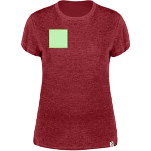 A women's T-shirt in burgundy with a green square design on the front and a small logo on the hem.