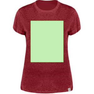 A women's T-shirt in maroon with a blank green rectangular area on the front and a small logo at the hem.