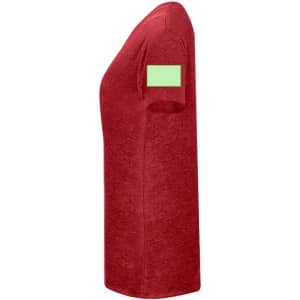 A red T-shirt with a crew neckline and a blank patch on the sleeve.