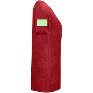 A red women's T-shirt featuring a green patch on the sleeve, showcasing a simple and stylish design.