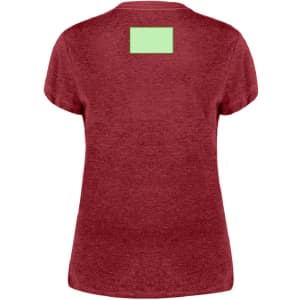 A maroon women’s T-shirt with a round neckline and short sleeves, featuring a green square detail on the back.