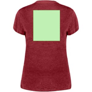 A maroon women's T-shirt featuring a green square design on the back and a simple branding logo.