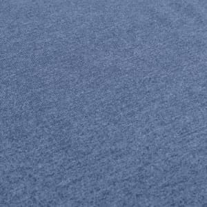 A blue children's T-shirt with a textured fabric finish and a logo on one side.