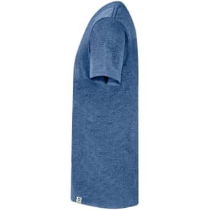 A blue kids' t-shirt with a simple design and a small logo at the hem.