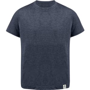 A navy blue kids' T-shirt with short sleeves and a tag on the bottom. Features a logo.