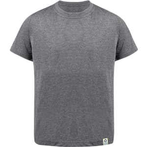 A grey kids' T-shirt featuring a classic crew neck and short sleeves, with a logo on the hem.