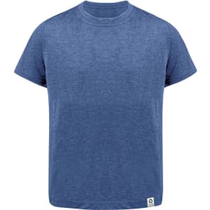 A blue kids’ T-shirt with a round neck and short sleeves, featuring a small branded label at the bottom.