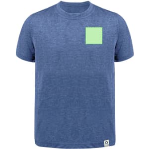 A blue kids' T-shirt featuring a green square patch on the front and a logo tag at the bottom.