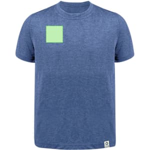 A blue kids' T-shirt featuring a green patch and a logo. The fabric appears soft and casual in style.