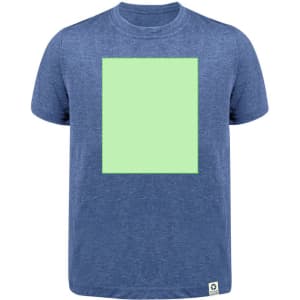 A blue children's t-shirt featuring a blank green square in the centre and a logo at the hem.