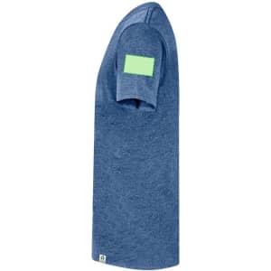 A blue kids' T-shirt with a short sleeve and a blank logo area on the shoulder.