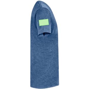 A blue kids' T-shirt featuring a short sleeve and a patch on the shoulder. It has a simple design with branding.