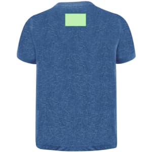 A blue kids' T-shirt featuring a round neck and a plain back with a small green label area.