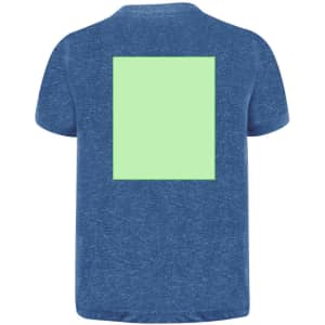 A blue kids' T-shirt featuring a large square graphic in light green on the back. It has a logo on the front.