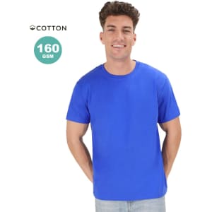 A blue adult cotton T-shirt displayed on a smiling male model. The shirt features a logo.