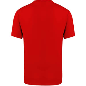 A red adult T-shirt with a simple design and short sleeves, featuring a logo on the front.