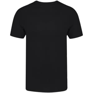 A black adult t-shirt with a round neckline and short sleeves, featuring a logo.